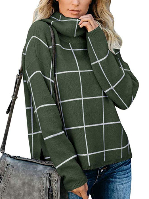 Winter Plaid Sweater Pullover Turtleneck Pullover Plaid Knitwear for Women