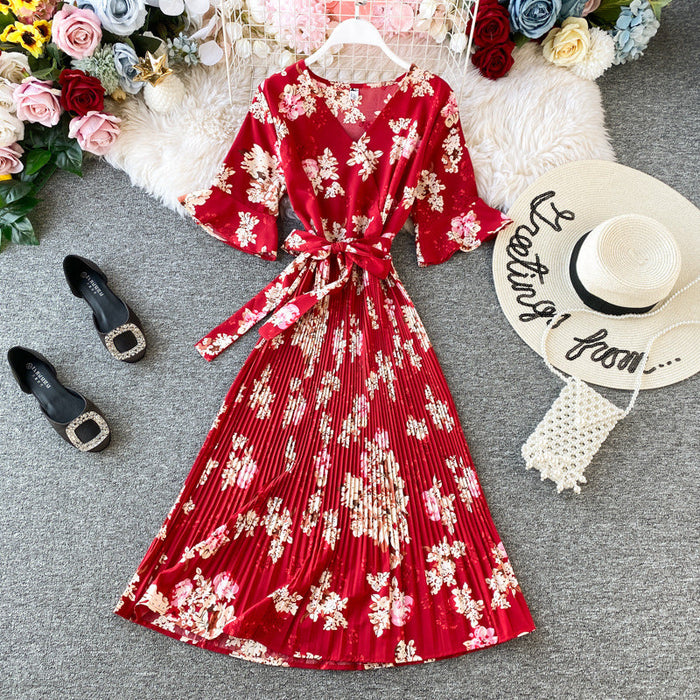 Pleated Dress Short Sleeve Summer New Retro Elegant Chiffon Printed V-neck Bell Sleeve Waist-Tight Slimming Maxi Dress