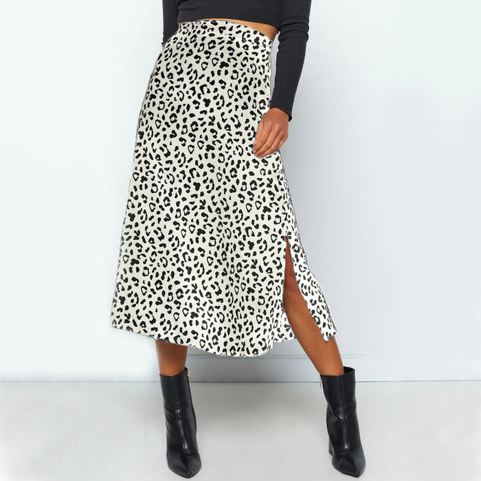 Spring Summer  Women Clothing Leopard Print Chiffon Floral Print Slit Skirt  Sexy Zipper High Waist Midi Skirt