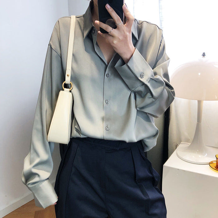 Satin Chiffon Shirt Women Spring  Fall  Sense Niche Young Solid Color Drape Satin Top