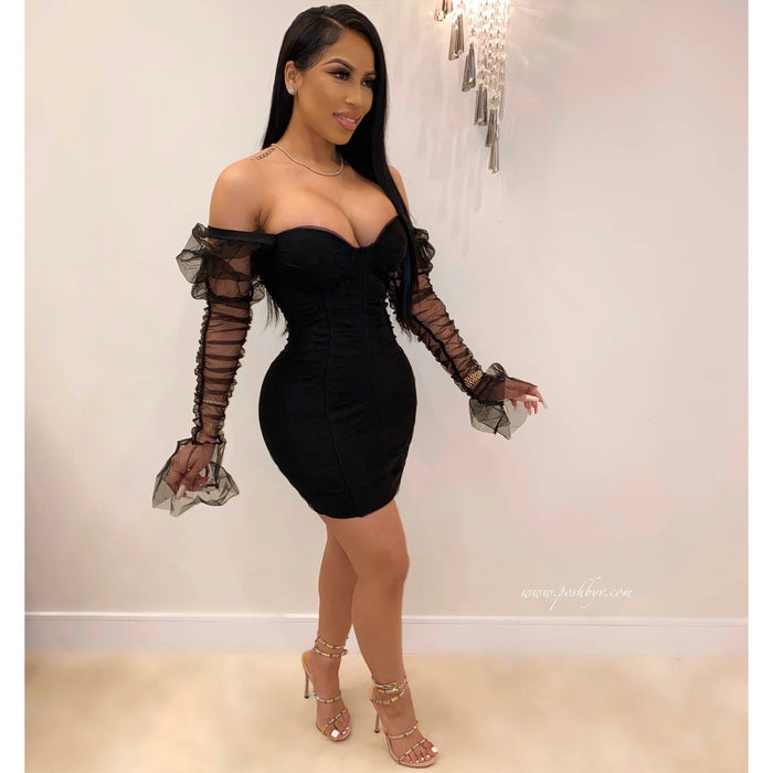 Women Clothing Sexy Bandeau Stitching Mesh Sleeves Night Club Slimming Dress