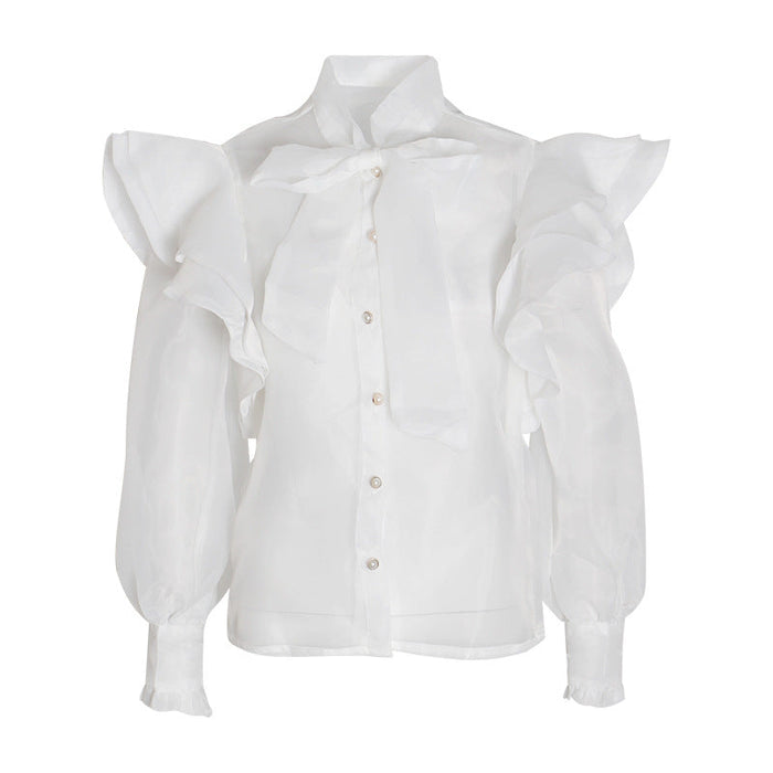 Palace See through Organza Shirt Women Autumn Bow Lace up Stand-up Collar Lantern Sleeve Slim Fitting Blouse