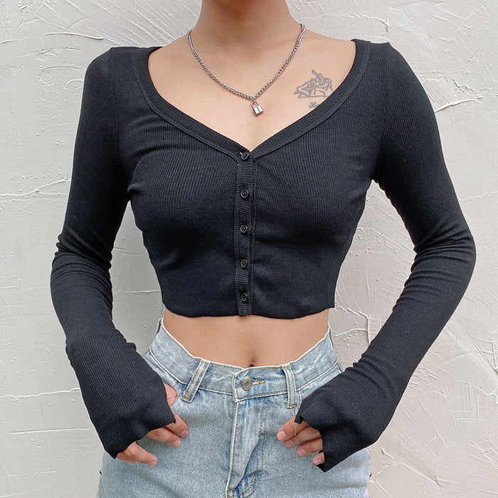 Women Top Split V neck Sexy Crop Top Tight Fitting Knitwear