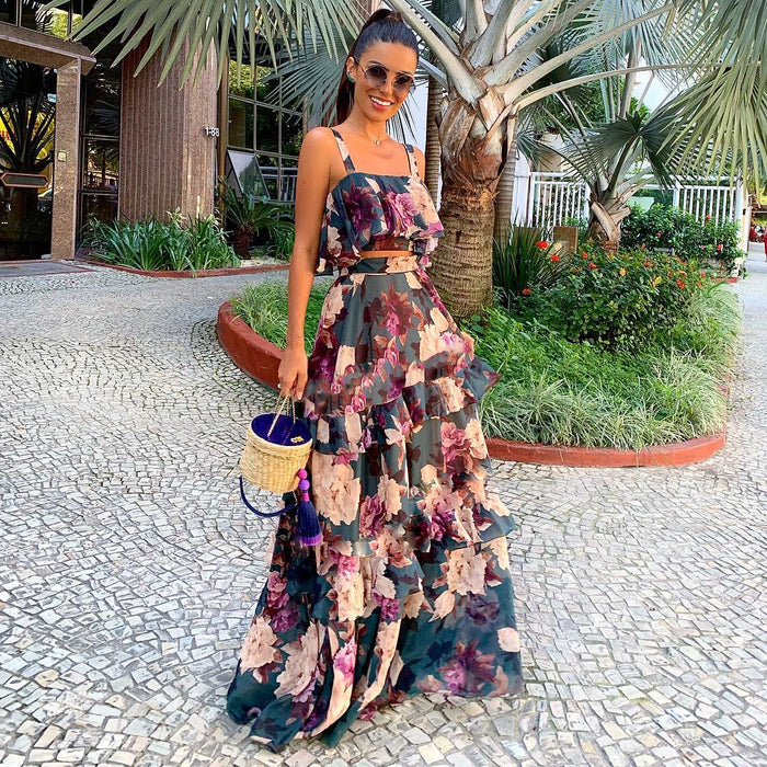 Women Clothing Two Piece Sling Printed Ruffled Large Swing Skirt