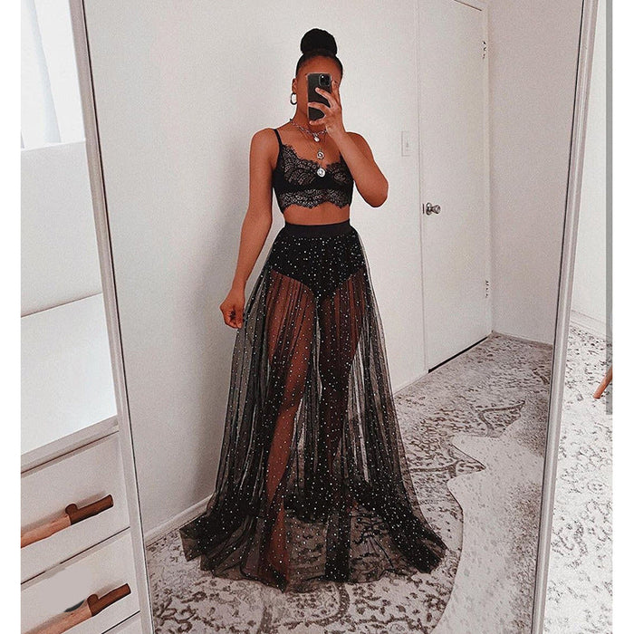 Women Clothing Maxi  Sexy Sheer Mesh Bronzing Big Hem Skirt Women Skirt