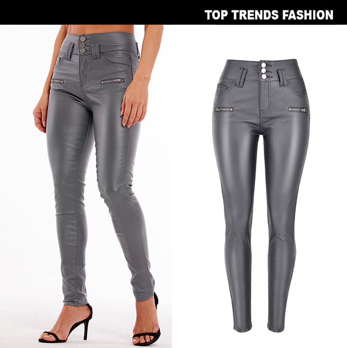 Women Clothing High Waist Stretch Coated Noble Gray Faux Leather Pants Denim Skinny Pants Faux Leather 3 Button