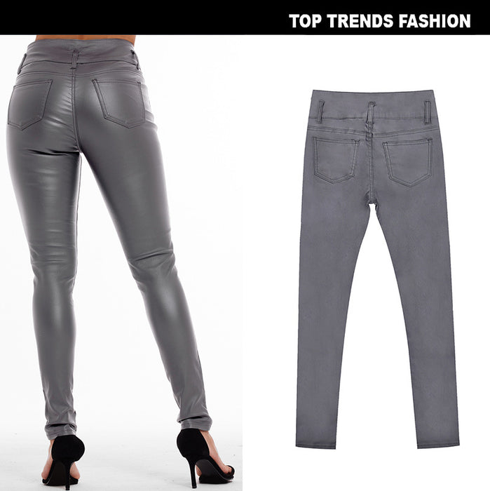 Women Clothing High Waist Stretch Coated Noble Gray Faux Leather Pants Denim Skinny Pants Faux Leather 3 Button