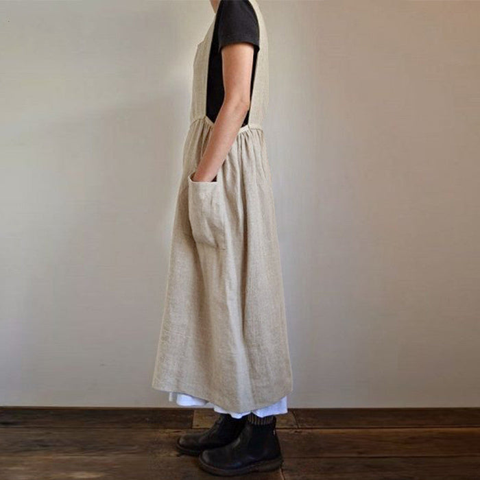 Women Cotton Linen Apron High Waist Long Circumference Home Wear Loose Maxi Dress