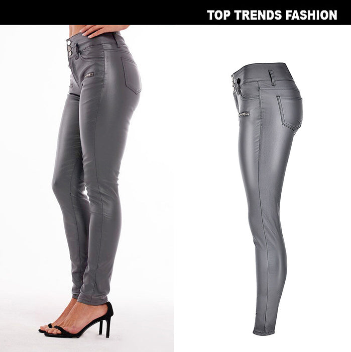 Women Clothing High Waist Stretch Coated Noble Gray Faux Leather Pants Denim Skinny Pants Faux Leather 3 Button