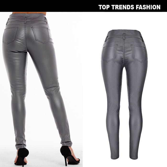 Women Clothing High Waist Stretch Coated Noble Gray Faux Leather Pants Denim Skinny Pants Faux Leather 3 Button