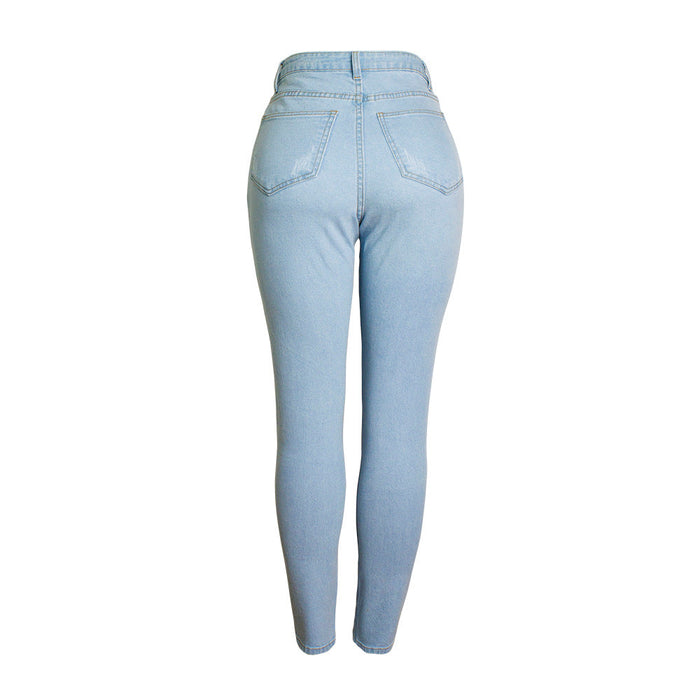 Fall Women Clothing High Waist Slim Stretch Jeans Solid Color Washed Slim Jeans Plus Size