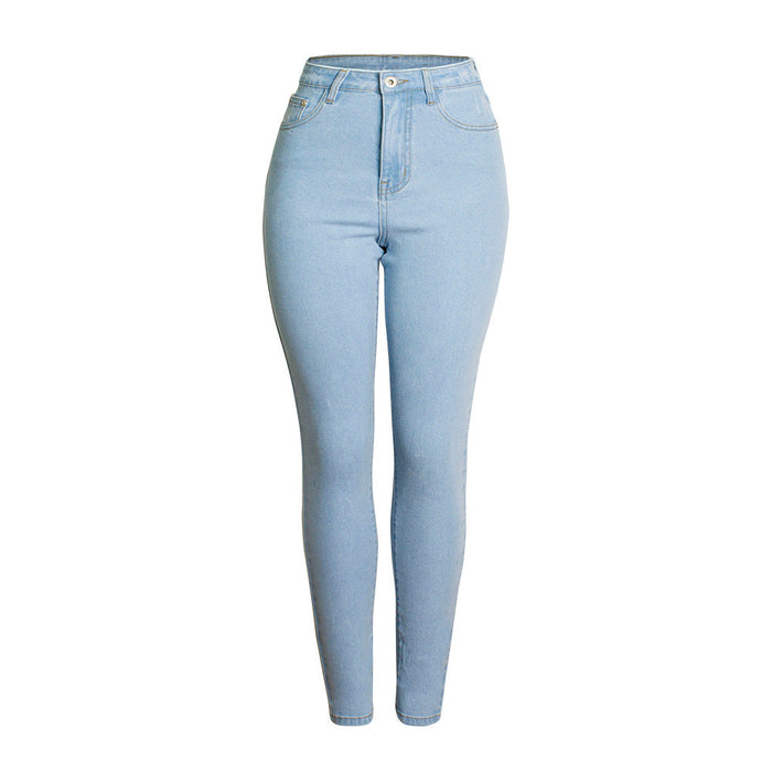 Fall Women Clothing High Waist Slim Stretch Jeans Solid Color Washed Slim Jeans Plus Size