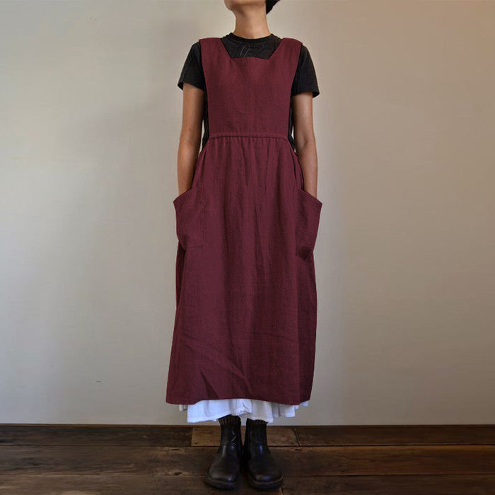 Women Cotton Linen Apron High Waist Long Circumference Home Wear Loose Maxi Dress