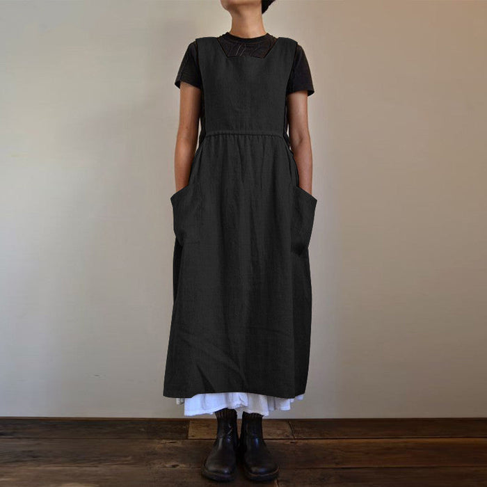 Women Cotton Linen Apron High Waist Long Circumference Home Wear Loose Maxi Dress