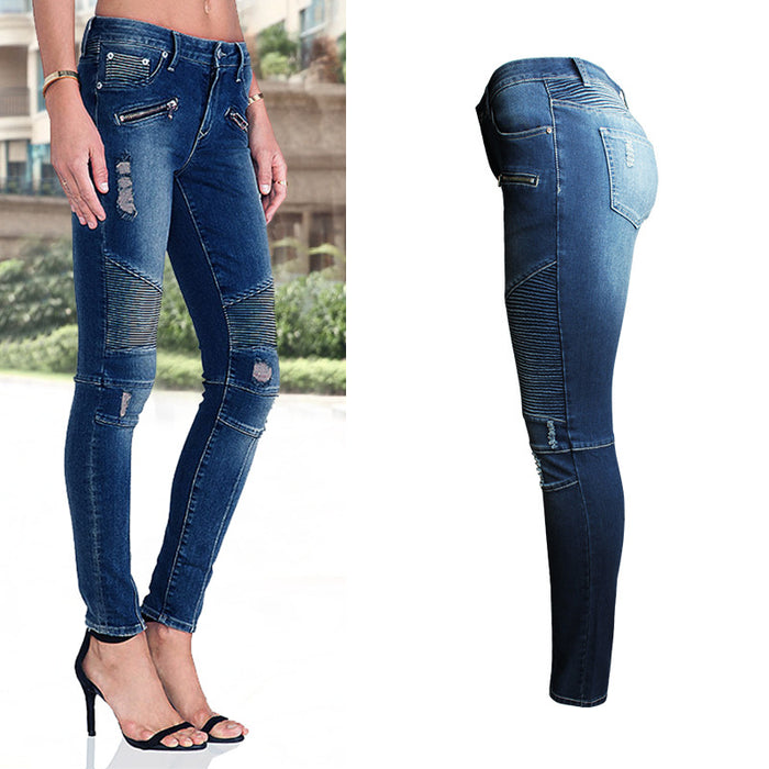 Women Clothing Ripped Slim Fit Stretch Slimming Mid Waist Women Denim Pencil Pants