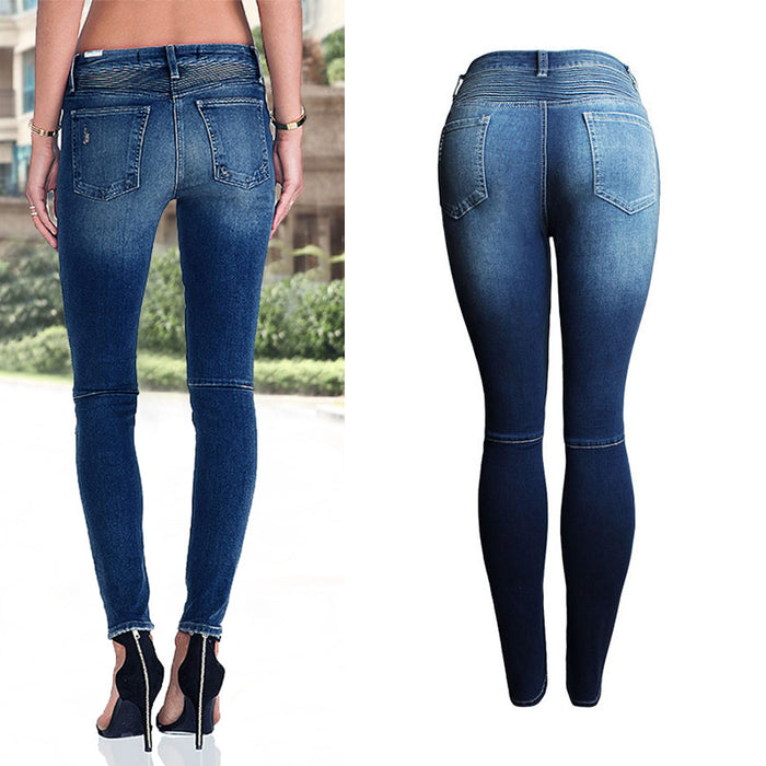 Women Clothing Ripped Slim Fit Stretch Slimming Mid Waist Women Denim Pencil Pants