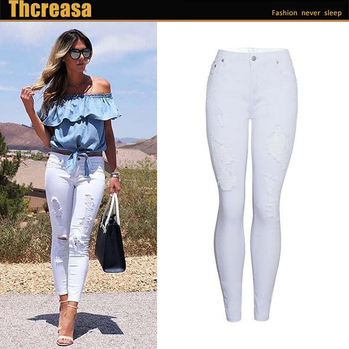 Women Clothing Popular Slim Fit Solid Color White Ripped Ankle-Tied Pants High Waist Slimming Women Pencil Pants