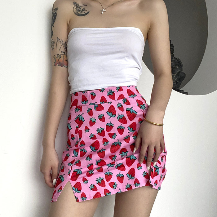 Summer World Bank Cherry Print High Waist Sheath Girl Split Skirt for Women