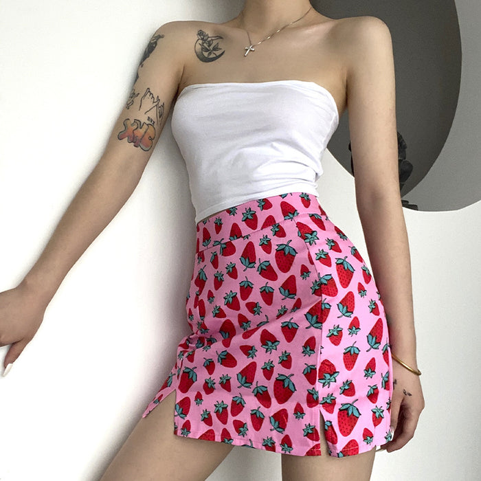 Summer World Bank Cherry Print High Waist Sheath Girl Split Skirt for Women