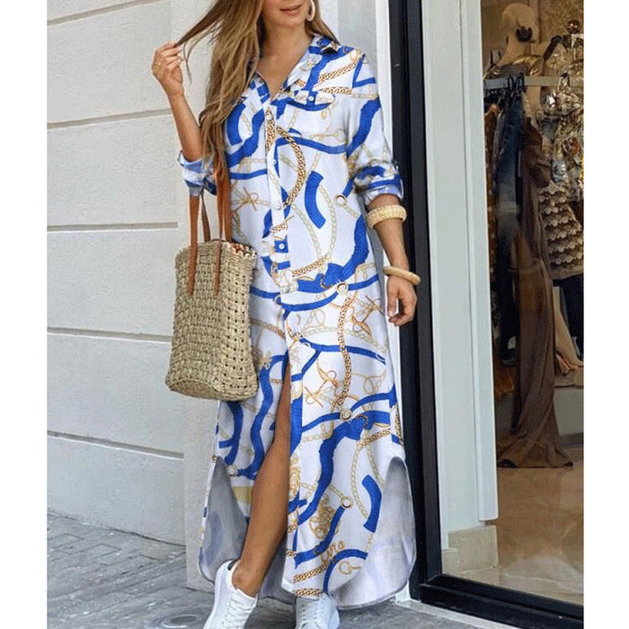 Women Clothing Spring Summer Printed Sexy Shirt Dress