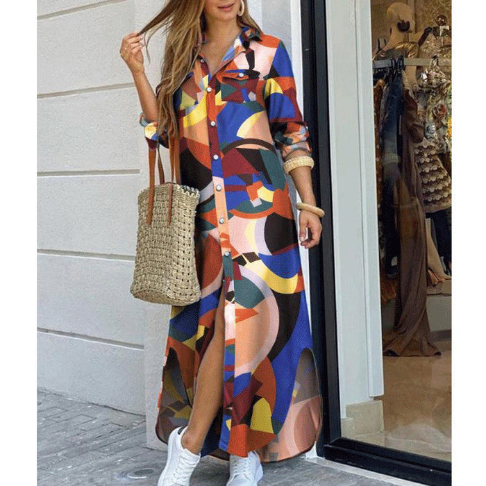 Women Clothing Spring Summer Printed Sexy Shirt Dress