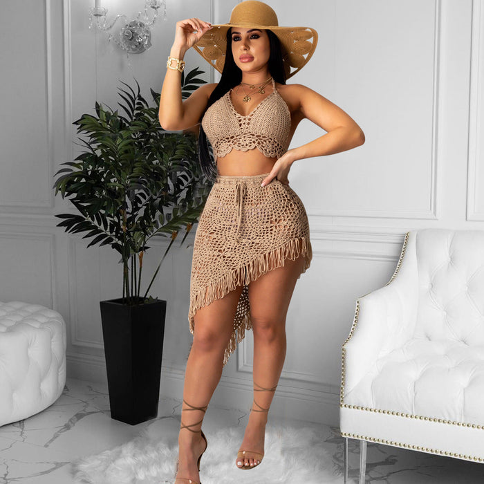 Women  Clothing Sexy Handmade Crocheted Tassel Casual Suit Beach Swimsuit Blouse