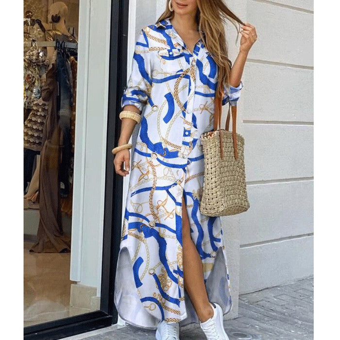 Women Clothing Spring Summer Printed Sexy Shirt Dress