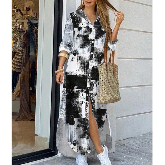 Women Clothing Spring Summer Printed Sexy Shirt Dress