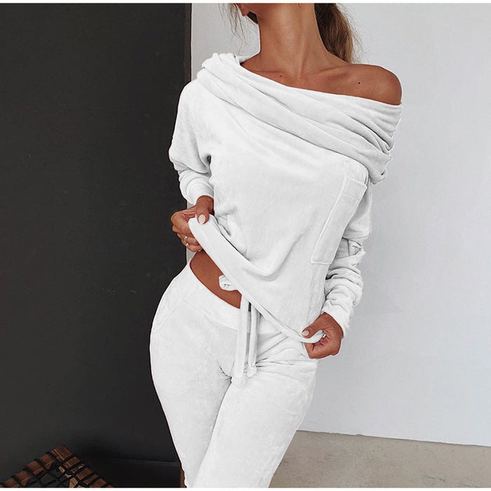 Solid Color Casual Set Off-shoulder Bow Slim Fit Homewear Suits Loungewear