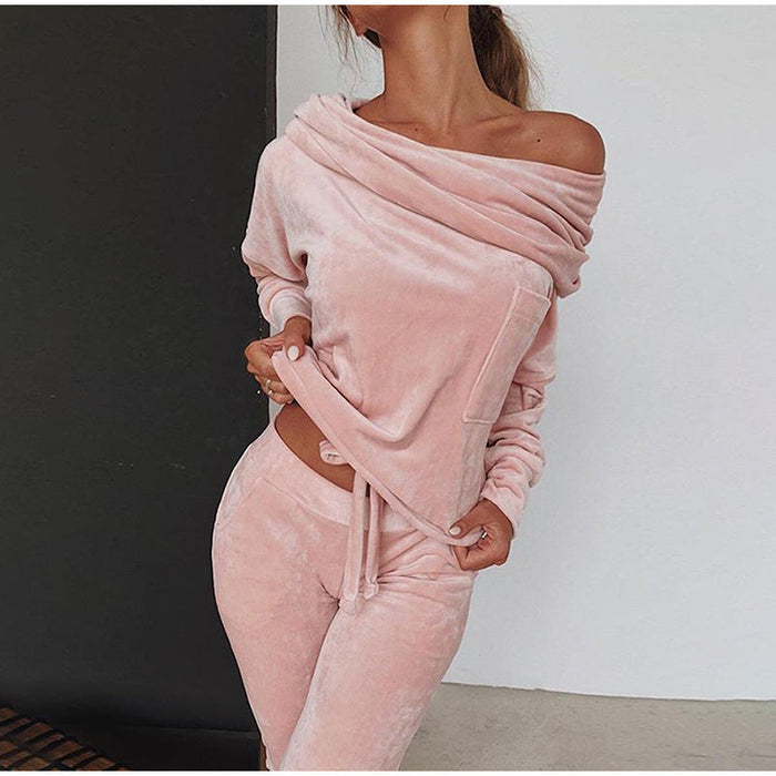 Solid Color Casual Set Off-shoulder Bow Slim Fit Homewear Suits Loungewear