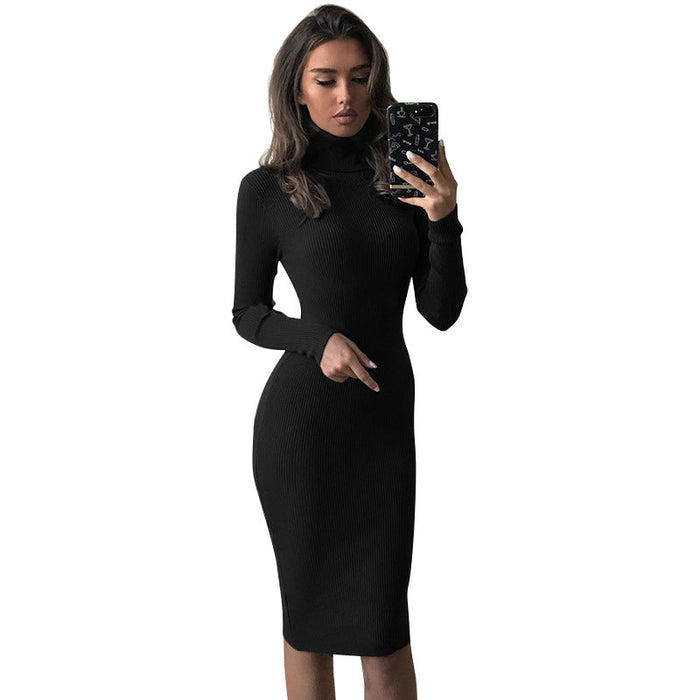 Solid Color Basic Women Clothing Autumn Casual Midi Dress Slim Fit Long Sleeved Turtleneck Dress