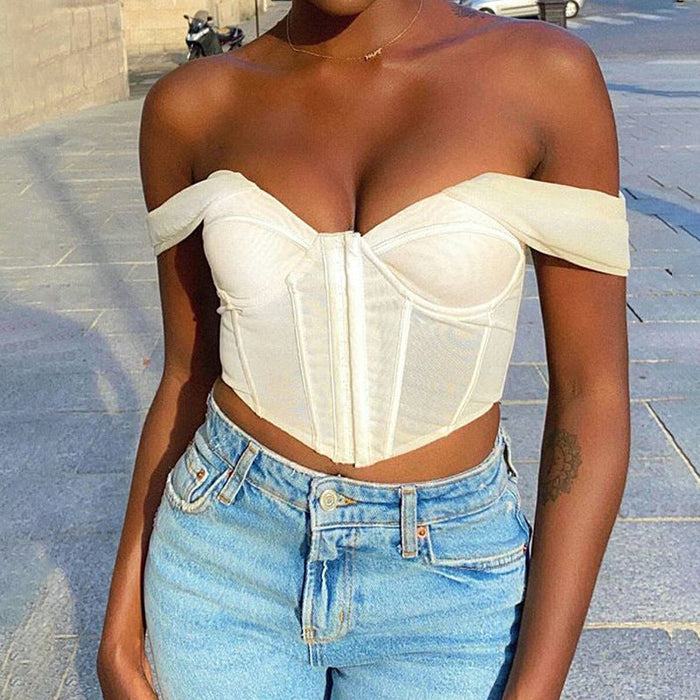 Women Clothing off Shoulder Mesh Solid Color Sexy Bandeau Crop-Top Short Top Women