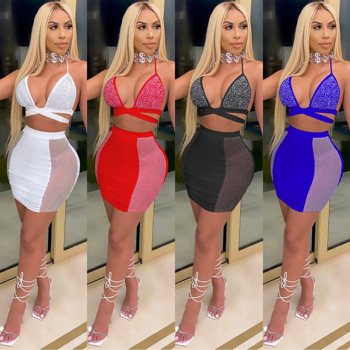 New Fashion Nightclub Skirt Drilling Criss Cross Strap Backless Two Piece Set