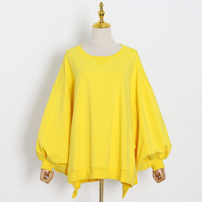 Spring Korean round Neck Bat Lantern Sleeve Cape Long Velvet Lining Hem Irregular Asymmetric Hoodie