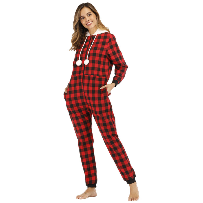 Popular Women  Cotton Plaid Hooded Jumpsuit Home Wear Pajamas