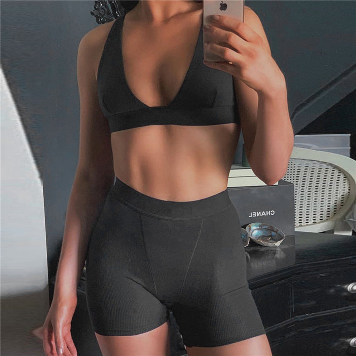 Summer Sexy V neck Vest Fifth Pants Sports Yoga Two Piece Set