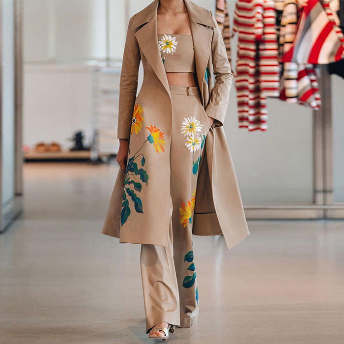 Women Clothing Autumn Winter Long Floral Print Trench Coat Coat Set