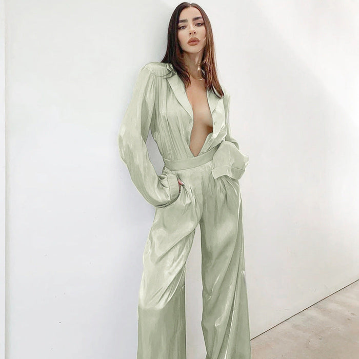 Autumn Winter Outdoor Wear Thin Artificial Silk Women Green Two Piece Set Satin Long Sleeve Homewear