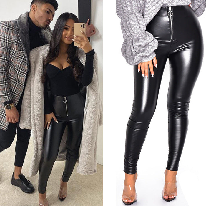 Women Clothing Casual Leather Pants High Waist Tight Zipper Faux Leather Leather Pants