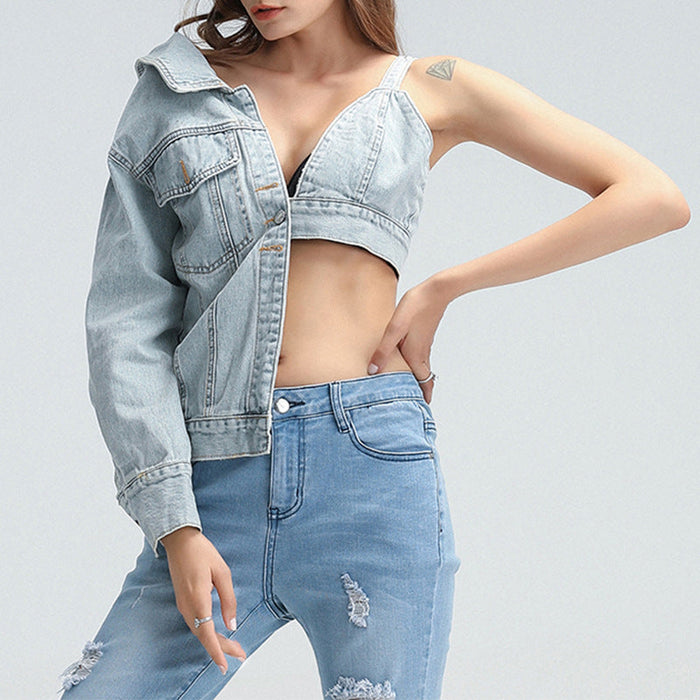 Niche Asymmetric Denim Jacket Fashionable  Elegant Sexy Collared Cropped Outfit Denim Jacket