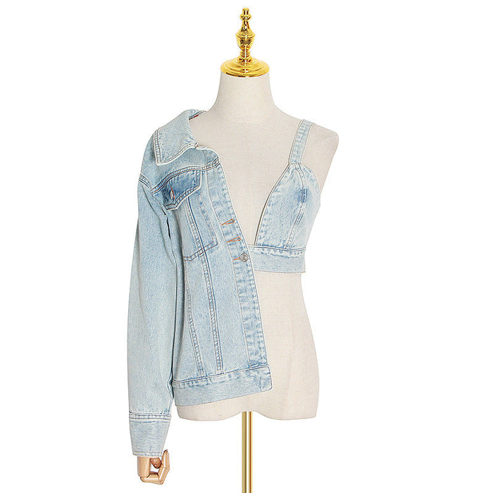 Niche Asymmetric Denim Jacket Fashionable  Elegant Sexy Collared Cropped Outfit Denim Jacket