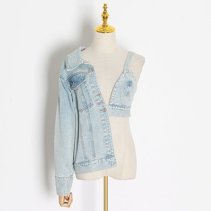 Niche Asymmetric Denim Jacket Fashionable  Elegant Sexy Collared Cropped Outfit Denim Jacket