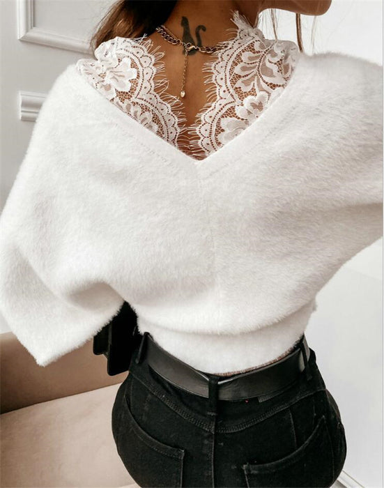 Autumn Winter Sexy Solid Color Lace Strap Flannel Long Sleeved Top