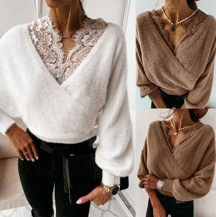 Autumn Winter Sexy Solid Color Lace Strap Flannel Long Sleeved Top