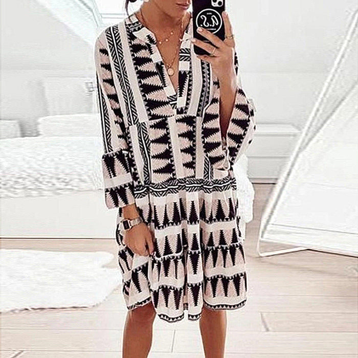 Spring Summer Printed Long Sleeve Loose V-neck Stitching Babydoll Dress for Women