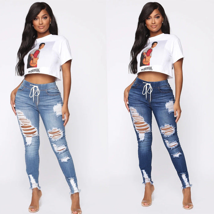 elastic Ripped Skinny Hip Raise  Jeans for Women