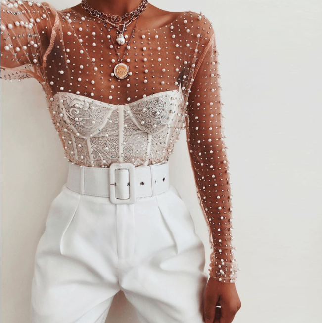 Popular Super Fairy Sexy See-through Lace Shirt Bright Diamond Beads Inner Wear Outer Wear Mesh Long-Sleeved Top for Women