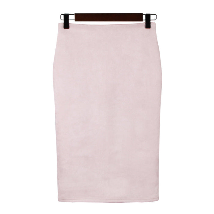 Solid Color Split Suede Skirt High Waist Slimming Sheath Skirt