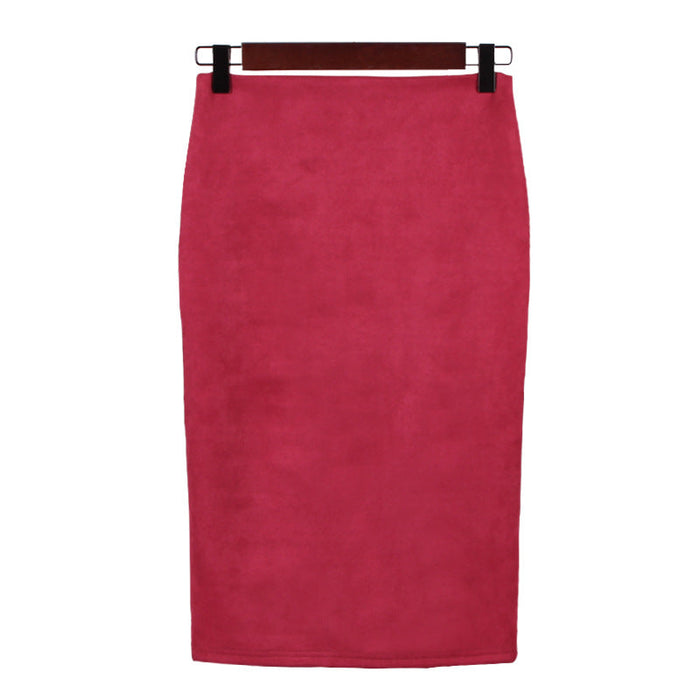 Solid Color Split Suede Skirt High Waist Slimming Sheath Skirt