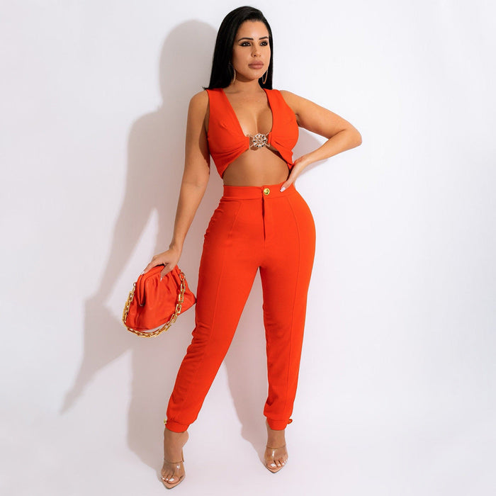 Solid Color Tight Sleeveless Knitted Two-Piece Vest Pants Suit for Women